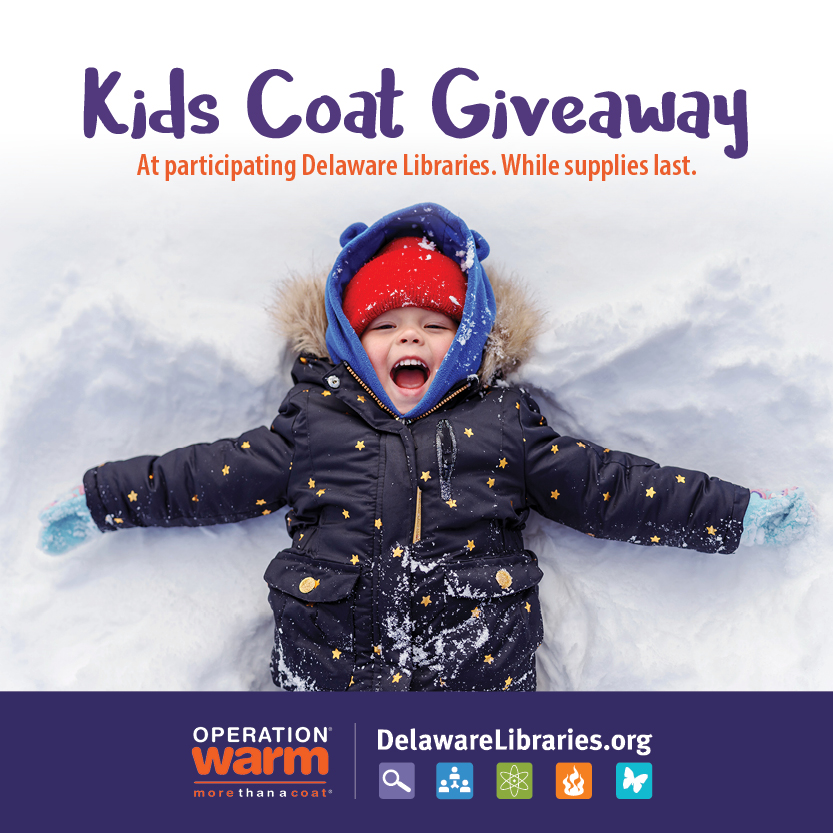 Kids Coat Giveaway at participating #DELibraries! While supplies last!  Visit: delawarelibraries.org/operationwarm for schedule.  October 22, 23, 25 :  Newark, Delaware City, Corbit-Calloway &amp; Milford. #netde #OperationWarm  #netde