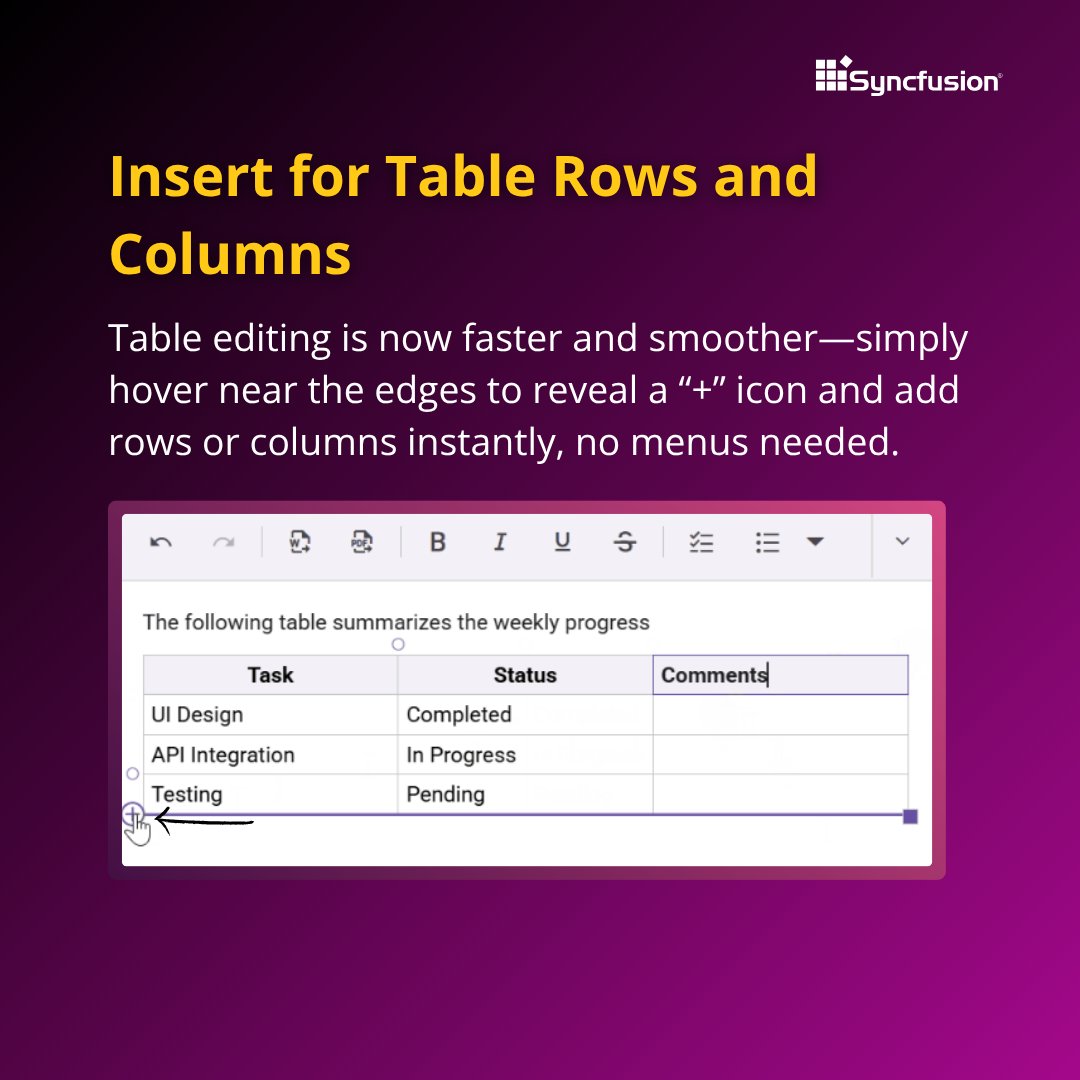 Syncfusion's tweet image. Insert for Table Rows and Columns
Just hover near the table edges to reveal a “+” icon—add rows or columns instantly without diving into menus.
A simple click keeps your workflow smooth and efficient.
➡️ Next: Checklist support 👇
#RichTextEditor #Angular
(2/7)