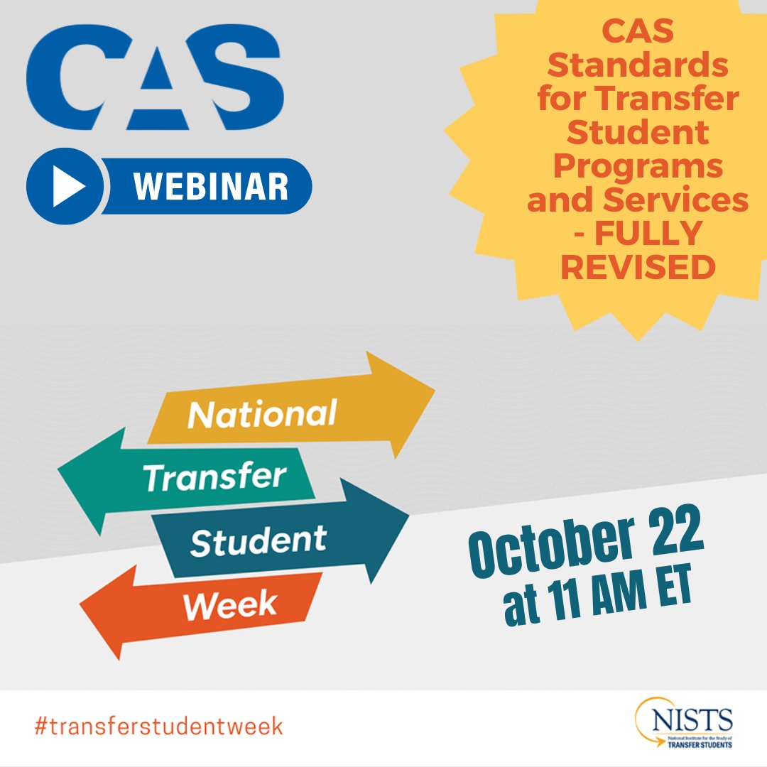 ⏰ It’s almost here!
The revised CAS Standards for Transfer Student Programs &amp; Services launch webinar is this Wednesday, Oct 22 at 11 AM ET.

Learn what’s new, why it matters to your institution.

🔗 Register now: ow.ly/RyVQ50XfEC1