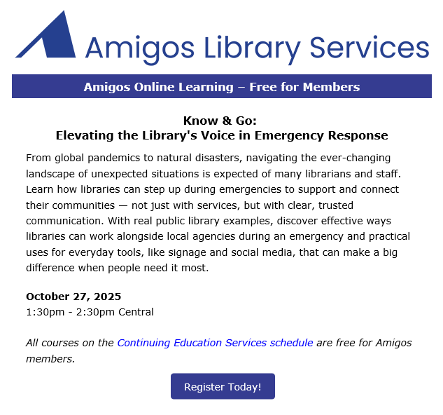 AmigosLibServ's tweet image. register.amigos.org/know-go-elevat… #AmigosKnowAndGo #librarylearning #continuingEd #AmigosContEd