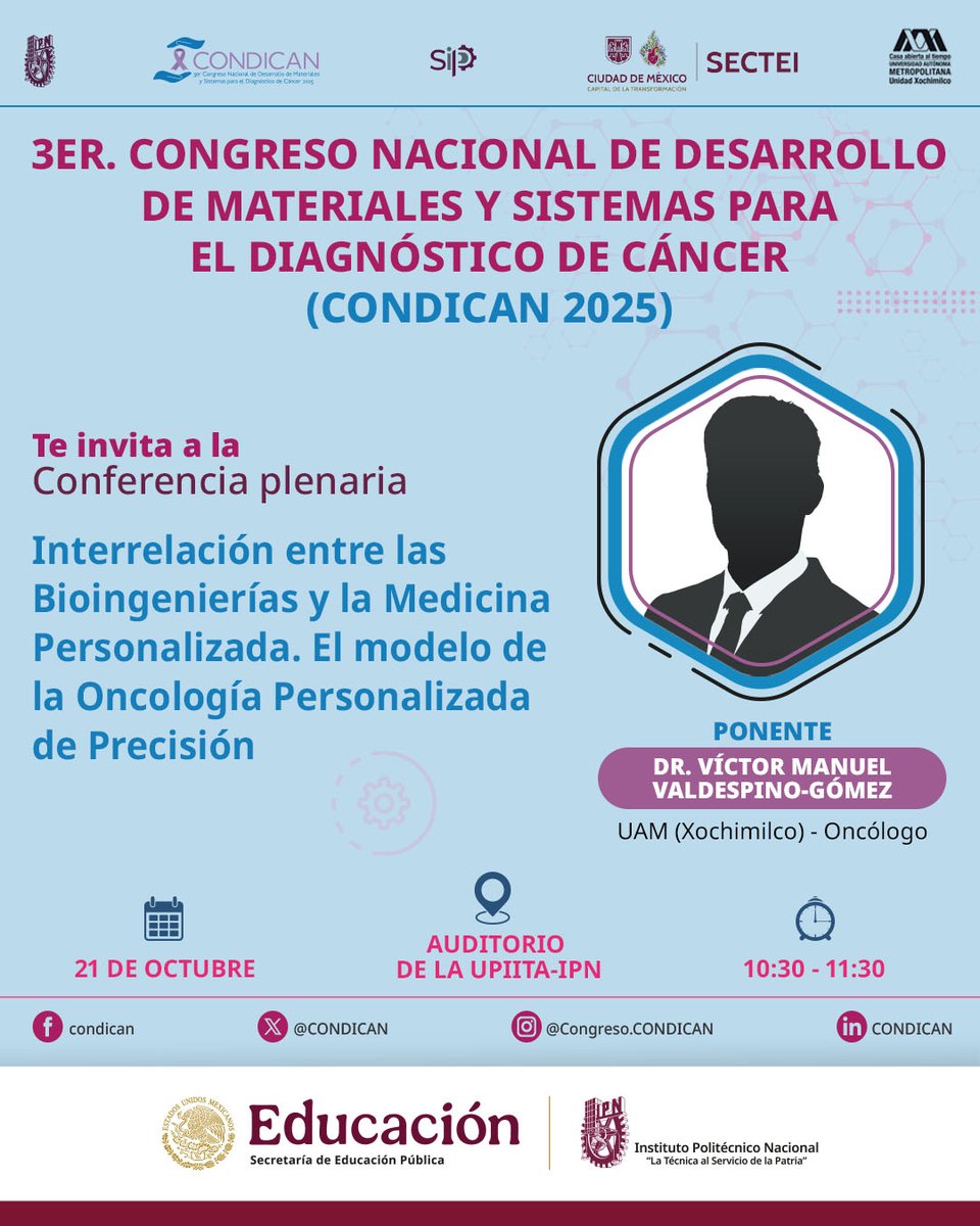CONDICAN_C's tweet photo. ⏳Estamos a una hora de comenzar con la conferencia plenaria
"Interrelación entre las Bioingenierías y la Medicina Personalizada. El modelo de Oncología Personalizada de Precisión"
🥼Ponente: Dr. Víctor Manuel Valdespino-Gómez
📍Acompáñanos en el Auditorio de la UPIITA

#condican https://t.co/StiMuXFSby