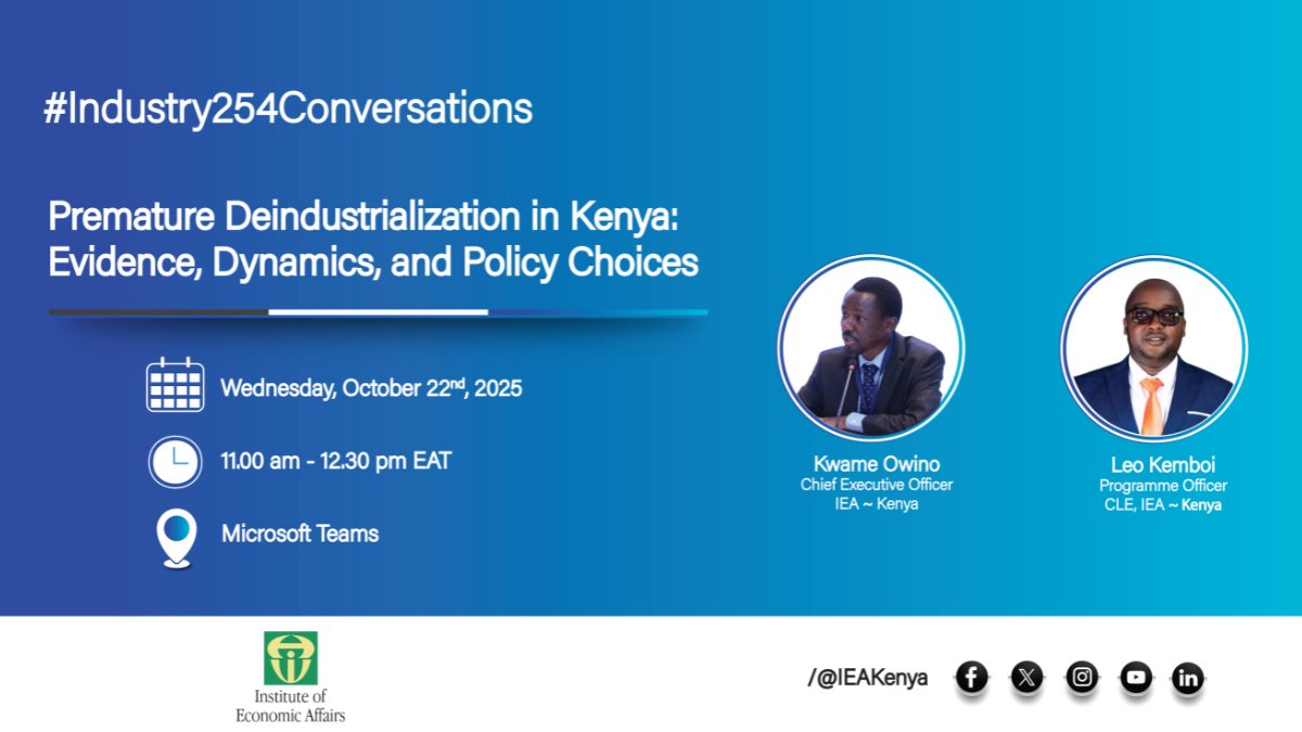 Please join us tomorrow with <a href="/IEAKwame/">Kwame Owino</a> as we discuss Premature DeIndustrilization in Kenya and what it means for Economic Policy.