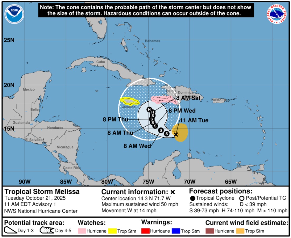 Segun el Centro Nacional de Huracanes esta es la trayectoria prevista de la tormenta tropical Melissa