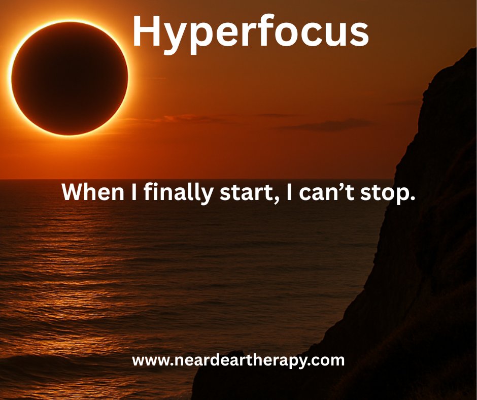RatkovichAmy's tweet image. ADHD Awareness Month 
Hyperfocus is the double-edged sword of ADHD — total immersion, often at the expense self care
Set time cues — alarms, check-ins, hydration reminders — so focus becomes a tool.
#ADHDAwarenessMonth #ADHDStrategies #ExecutiveFunction 
neardeartherapy.com