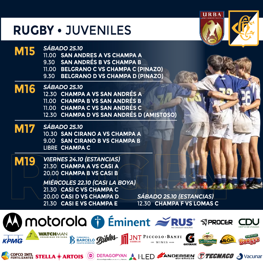 🏉 𝗥𝗨𝗚𝗕𝗬 - 𝗝𝗨𝗩𝗘𝗡𝗜𝗟𝗘𝗦
Actividades miércoles 22, viernes 24 y sábado 25 de octubre.
VAMOS CHAMPA 🔵⚪