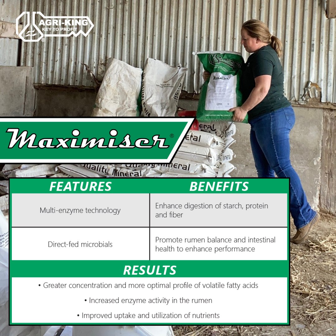 AgriKingInc's tweet image. Maximiser® is a blend of enzymes, direct-fed microbials and nutrients designed to enhance digestibility and nutrient metabolism at the rumen and cellular level.

Learn more at agriking.com/beef-program/b….

#Beef #BeefNutrition #KeyToProfit