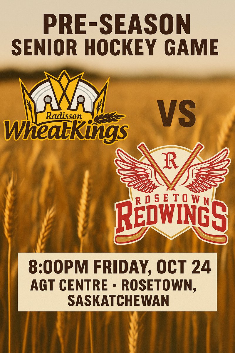 Some more exhibition action this Friday!

The Wheatkings take on the Rosetown Redwings of the Cross Roads Hockey League🌾

Come out and support the boys🌾

#SPHL #CRHL #bumpercrop