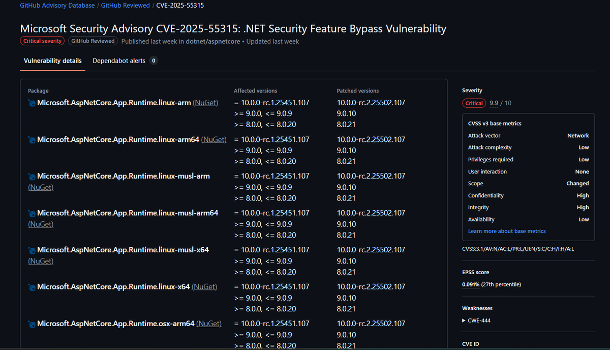 h4x0r_dz's tweet image. Is this real or a joke CVE-2025-55315 ? ASP.NET Core is vulnerable to http request smuggling !!!!
And why is no one talking about it?
github.com/advisories/GHS…