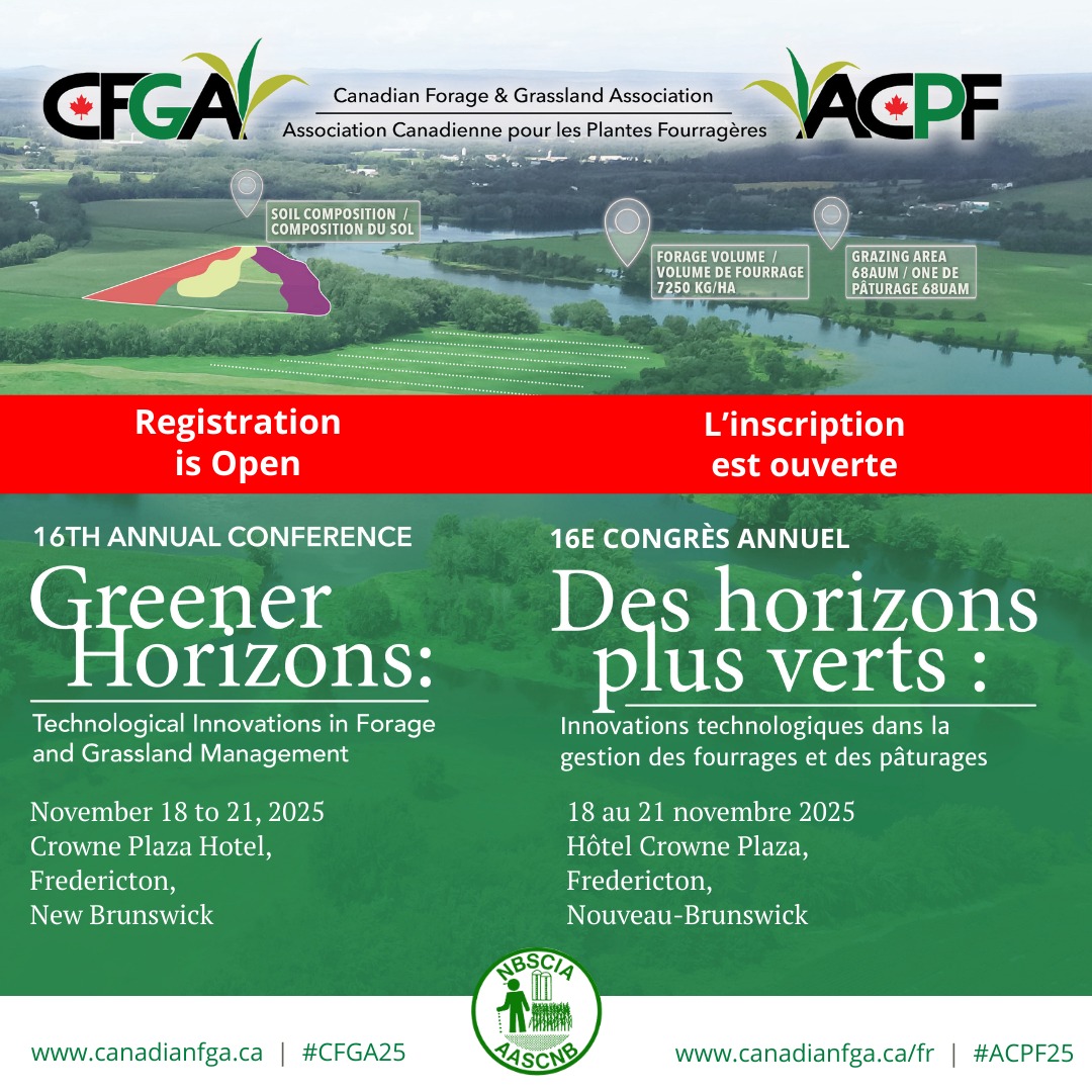 Time is running out to register for the CFGA Annual Conference! Happening November 18 to 21 in Frederiction, NB, this year’s theme is Greener Horizons: Technological Innovations in Forage and Grassland Management.

Learn more and register at canadianfga.ca/en/events/conf…