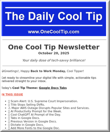 OneCoolTip's tweet image. 🔓 Unlock Google Docs Tabs - OCT Newsletter 10-20-2025
onecooltip.com/2025/10/unlock…
Discover how Google Docs Tabs can revolutionize your document management in the One Cool Tip Newsletter, 10-20-25!
#OneCoolTip #GoogleDocs
#TechTips #OneCoolTip @onecooltip