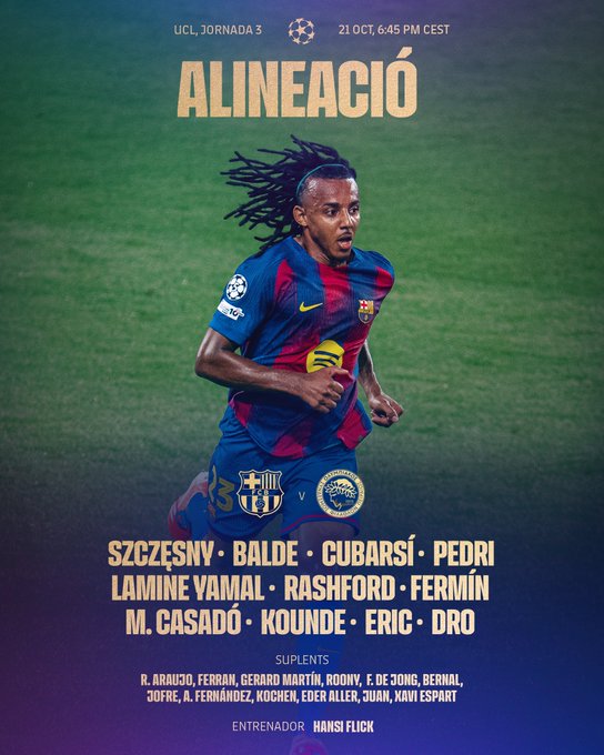 Graphic displays UEFA Champions League match details including Olympiacos vs FC Barcelona at 21:00 CET on green field background with starting lineup Szczesny Balde Cubarsi Pedri Lamine Yamal Raphinha Fermin and Eric Kounde in blue and red FC Barcelona jerseys running on pitch substitutes M Casado and others coach Hansi Flick listed below player names like R Afreire G Martinez K Odoi J Echeverri E Vazquez and sponsor logos visible
