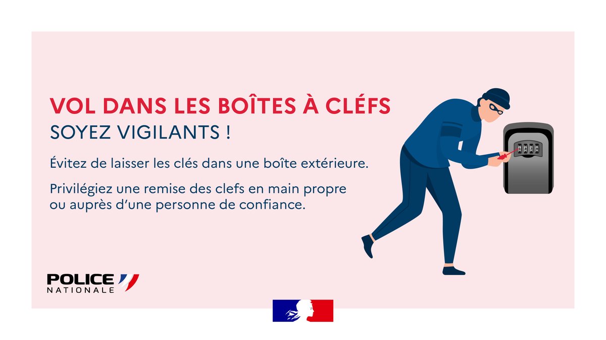 #MardiConseil | Boîtes à clés : Cibles idéales pour les voleurs.
- Privilégiez une remise des clefs auprès d’une personne de confiance
- Privilégiez les solutions sécurisées, à code temporaire.
- Installez la boîte dans un endroit discret, non visible depuis la rue.