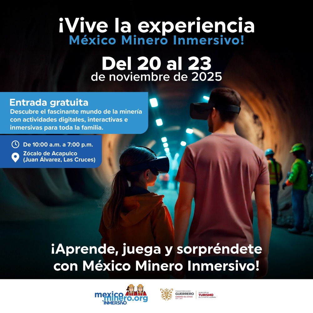 Descubre cómo los minerales están detrás de la tecnología, la energía y todo lo que usamos cada día.
En México Minero Inmersivo podrás experimentar la minería a través de recorridos digitales, actividades interactivas y espacios para aprender en familia. 💎

📍 Zócalo de Acapulco