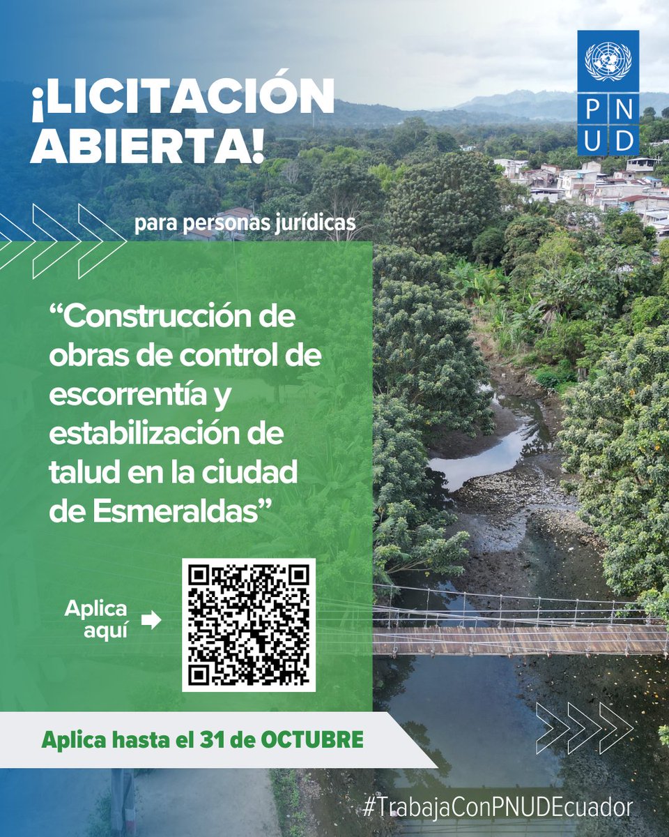 Adapta_Clima's tweet image. 📣Ampliamos el plazo
Suma al desarrollo de #Esmeraldas💚🇪🇨
Participa en la LICITACIÓN de #AdaptaClima para la &quot;Construcción de obras de control de escorrentía y estabilización de talud en la ciudad de Esmeraldas&quot; 🏗️
🗓️ Ofertas hasta: 31/10/2025
🔗Más info: go.undp.org/wa6