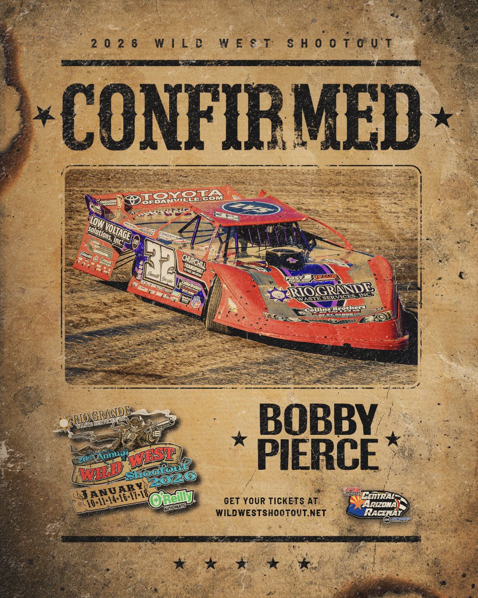 𝗛𝗘𝗔𝗗𝗘𝗗 𝗧𝗢 𝗧𝗛𝗘 𝗗𝗘𝗦𝗘𝗥𝗧! 🔥 Bobby Pierce is returning to defend his #WildWestShootout crown this January! 🏁

He's chasing a 3-peat, but he'll have to do it in new territory as the event moves to Central Arizona Raceway.

🎟️ Tickets &amp; info → WildWestShootout.net