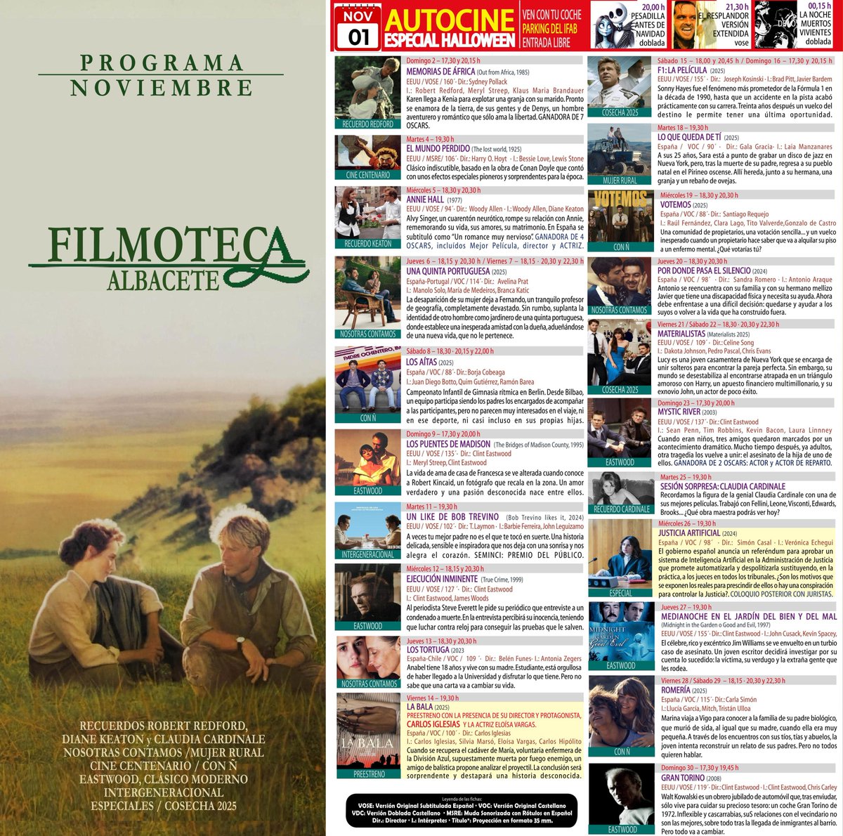 Noviembre ya está aquí. Y llega con muchísimo cine. AUTOCINE de Filmoteca en el parking IFAB con un maratón de clásicos, recuerdos a Redford, Diane Keaton y Cardinale, ciclo Clint Eastwood, Nosotras Contamos, Mujer Rural, Con Ñ, y preeestreno de LA BALA, con CARLOS IGLESIAS!