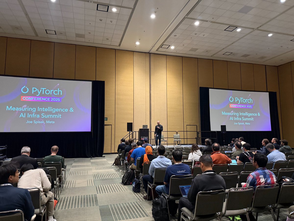 PyTorch's tweet image. Measuring Intelligence Summit at #PyTorchCon kicks off with keynote by @joespeez introducing the central themes of evaluation, benchmarking, & the future of measuring progress in machine reasoning