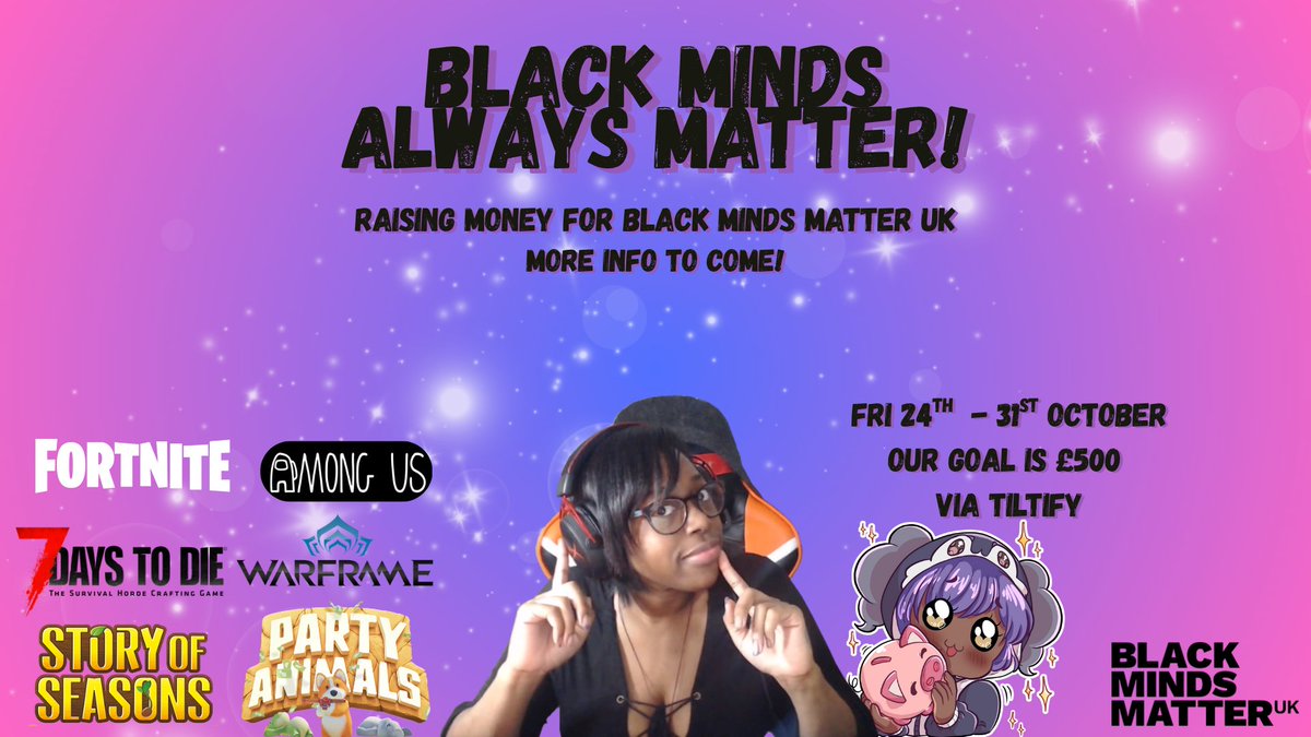 InDeeDeeEffect's tweet image. As part of BHMUK I will be running a week long charity event in support of Black Minds Matter UK. 

From Friday 24th til the 31st of October, I will be playing a variety of games both solo &amp;amp; with some awesome people as we aim to raise a minimum of £500. 

If you&apos;d like to donate…
