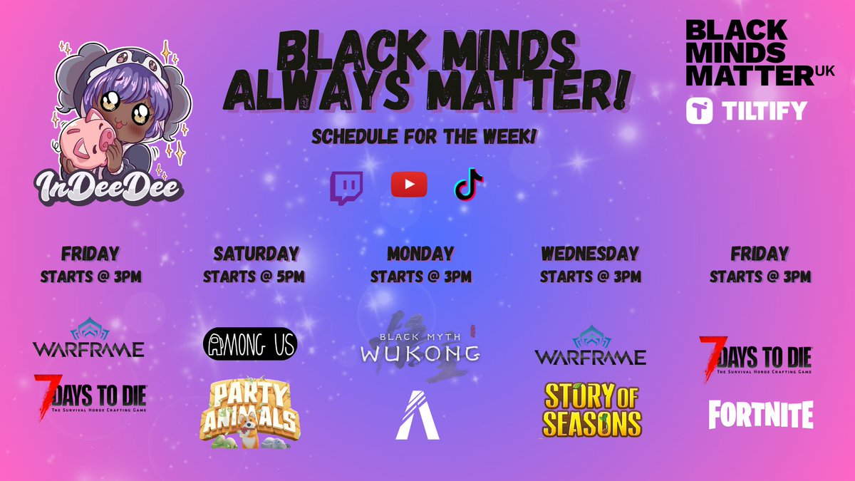InDeeDeeEffect's tweet image. As part of BHMUK I will be running a week long charity event in support of Black Minds Matter UK. 

From Friday 24th til the 31st of October, I will be playing a variety of games both solo &amp;amp; with some awesome people as we aim to raise a minimum of £500. 

If you&apos;d like to donate…