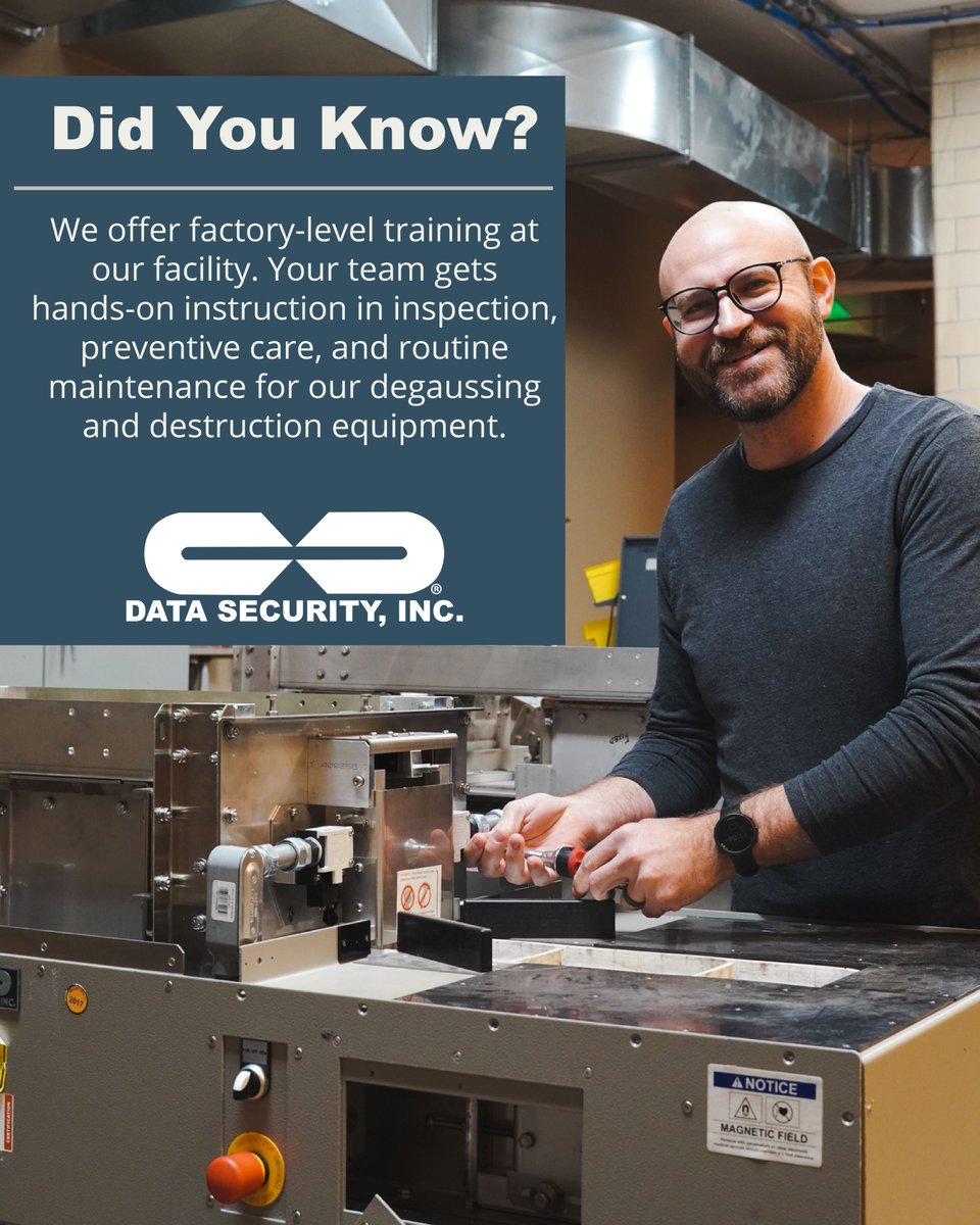 DataSecurityInc's tweet image. Come train with the people who design, build and support the equipment. Reduce downtime, extend product life, and save cost by performing maintenance yourself. Schedule a visit: datasecurityinc.com/contact-us