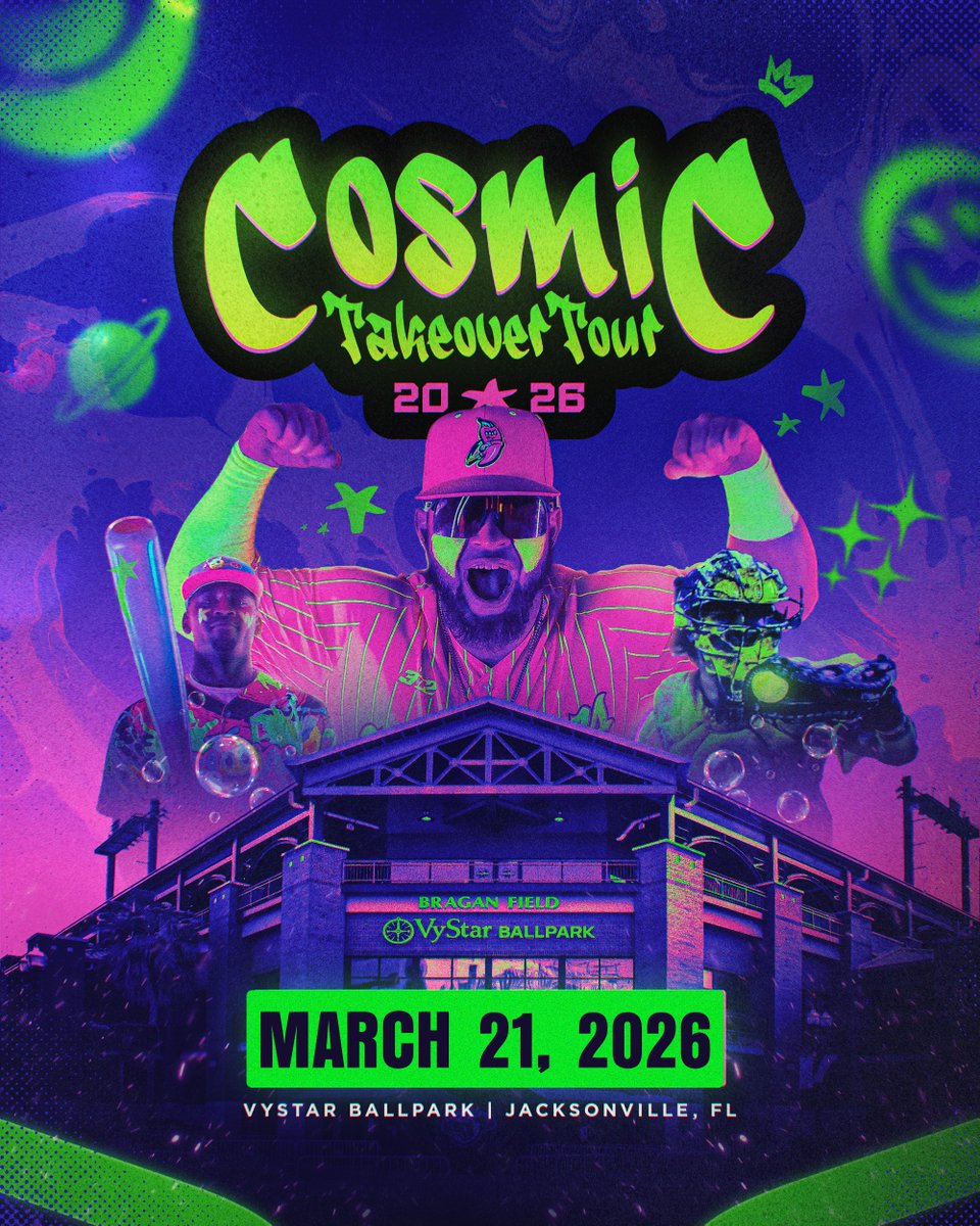 JaxShrimp's tweet image. After the initial announcement that Jacksonville will be glowing cosmic in 2026, Cosmic Baseball is excited to announce the game date for VyStar Ballpark is March 21, 2026. 

Fans are able to enter the Cosmic Ticket Lottery for a chance to purchase 2026 tickets at this link:…
