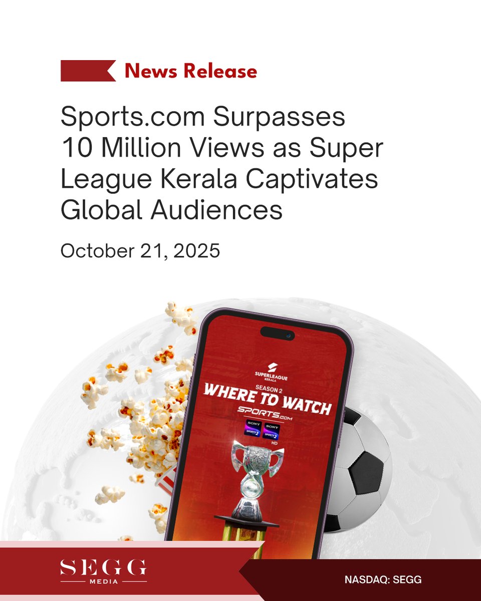 📢 #SuperLeagueKerala viewership has soared past 10M across live &amp; digital channels after just 3 weekends of matches. This milestone shows the rising popularity of #SLK and the global reach of the Sports.com brand.

Read: investors.seggmediacorp.com/news-releases/…

🇺🇸 #NASDAQ: $SEGG