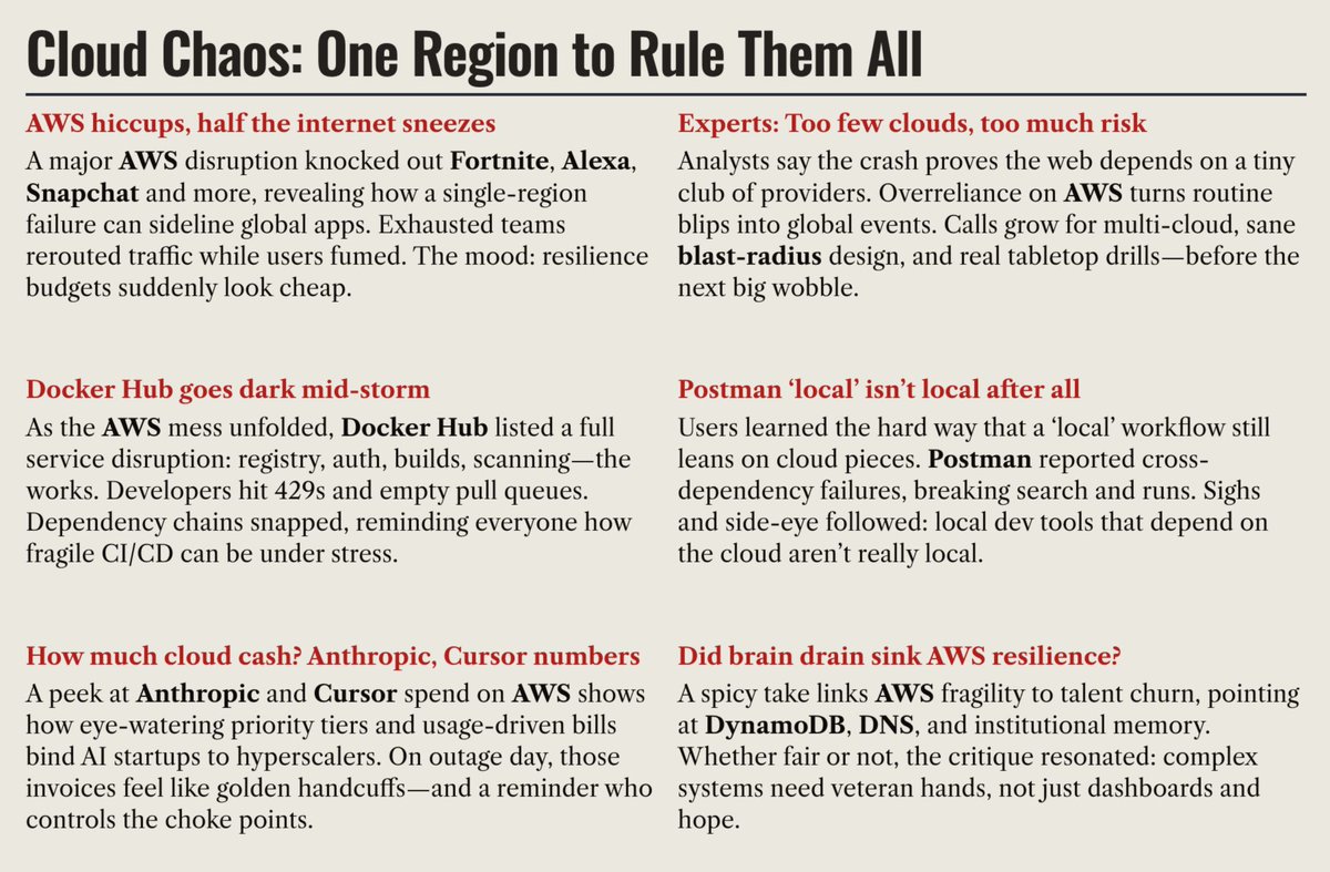 Que bonito quedo el resumen del crash de AWS en Weaving.news... suscribanse para no perderse lo que esta pasando en tech.