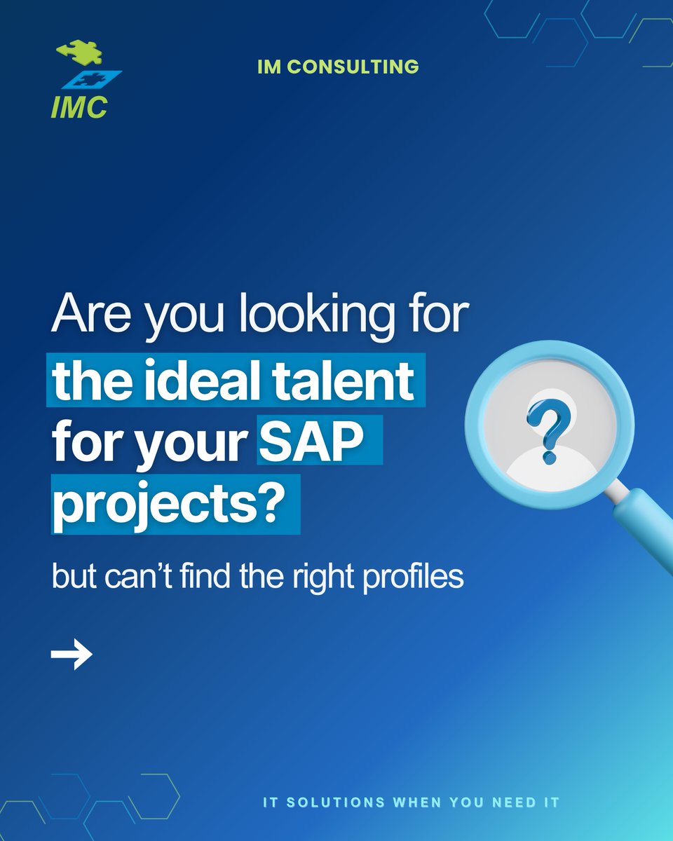 IMCItSolutions's tweet image. 🔎Struggling to find the right SAP talent? 
With our 𝐄𝐱𝐩𝐞𝐫𝐭 𝐌𝐨𝐝𝐞𝐥 𝐒𝐞𝐫𝐯𝐢𝐜𝐞, we connect you with SAP talent of global reach, on-site or off-site, across Functional, HR, Support, Dev &amp;amp; Analytics.

Every successful project starts with the right team.
📩 Contact us!