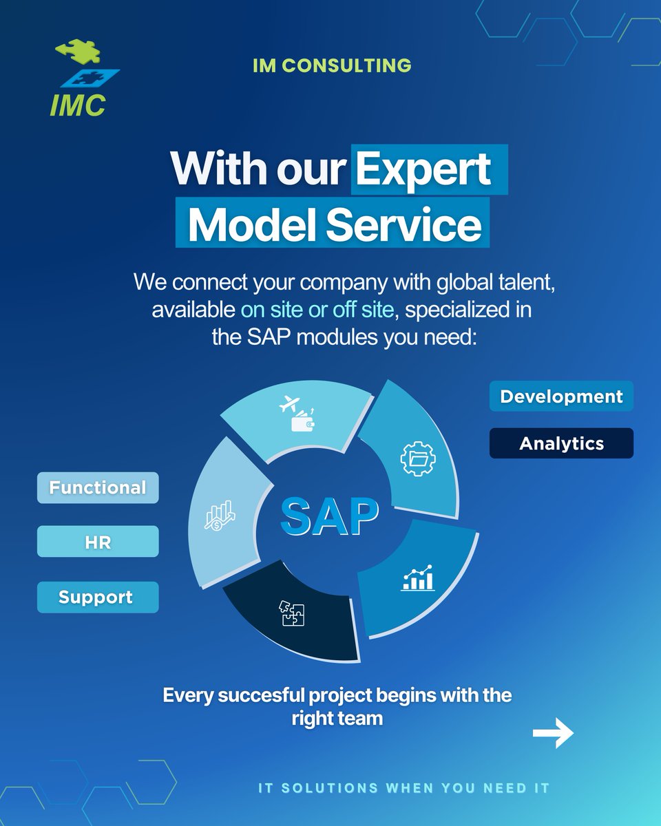IMCItSolutions's tweet image. 🔎Struggling to find the right SAP talent? 
With our 𝐄𝐱𝐩𝐞𝐫𝐭 𝐌𝐨𝐝𝐞𝐥 𝐒𝐞𝐫𝐯𝐢𝐜𝐞, we connect you with SAP talent of global reach, on-site or off-site, across Functional, HR, Support, Dev &amp;amp; Analytics.

Every successful project starts with the right team.
📩 Contact us!