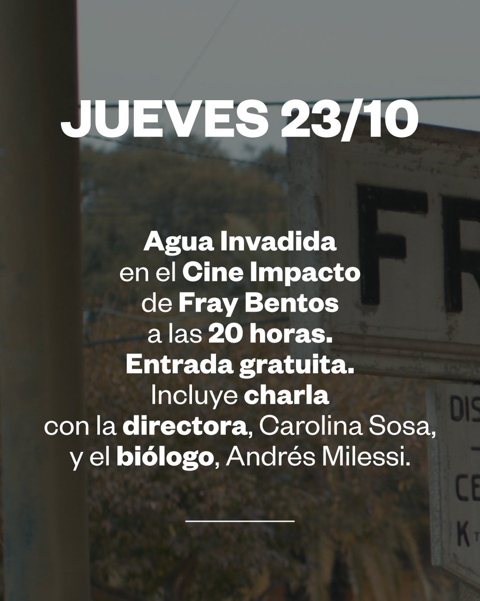 #fraybentos JUEVES 23/10 AGUA INVADIDA en Cine Impacto de Fray Bentos a las 20 hrs, entrada gratuita! Habrá charla con el biólogo marino, Andrés Milessi de <a href="/marazuluruguayo/">Mar Azul Uruguayo</a> y la directora Carolina Sosa. ¡Los esperamos!