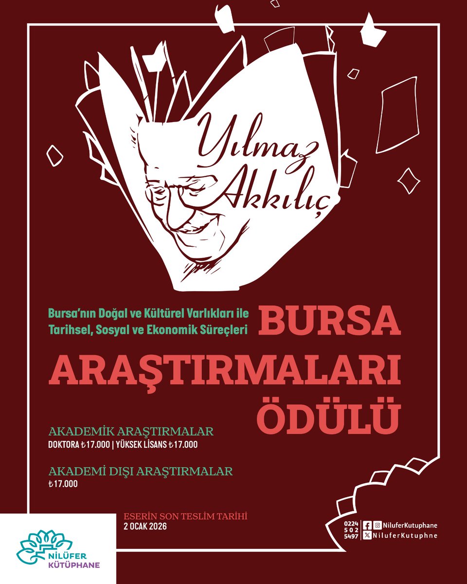 Bursa’nın kent kültürüne önemli değerler kazandıran araştırmacı, gazeteci-yazar Yılmaz Akkılıç’ın adını yaşatmak amacıyla düzenlediğimiz Yılmaz Akkılıç Bursa Araştırmaları Ödülü’nün başvuru süreci başladı.
Şartname ve başvuru formunu indirmek için: tinyurl.com/7dt36axd