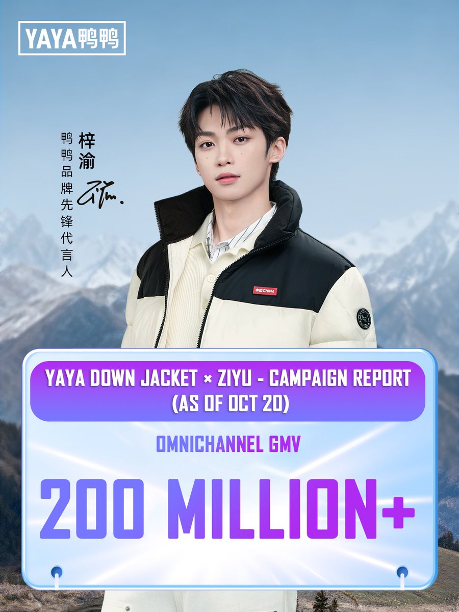ZiYuOfficialFC's tweet photo. YAYA Down Jacket × Ziyu — Campaign Report (as of Oct 20)

🔥Omnichannel GMV: 200 million+
🔥Topic reach: 1 billion+
🔥Engagement: 30 million+
🔥Tmall Men’s Fashion Sales — TOP 1
🔥Douyin Women‘s Fashion Sales—Top 1
🔥Douyin Official store Sales— Top 1
🔥[YaYa Douyin Official Store] Douyin live stream sales — TOP1
🔥[YaYa Tmall Official Store] Tmall Men’s Fashion Sales —TOP1
🔥Weibo Star Product Influence Ranking — TOP1

✅Multiple topic of YaYa x ZiYu went viral and trend #1 in Weibo 
✅Billboard displays across 5 cities in China
✅Multiple App Splash screen
✅Cross-platform exposure — 1 billion+
✅Cross-platform Engagement — 30 million+

#ZiYu #ZiYuOfficialFanclub