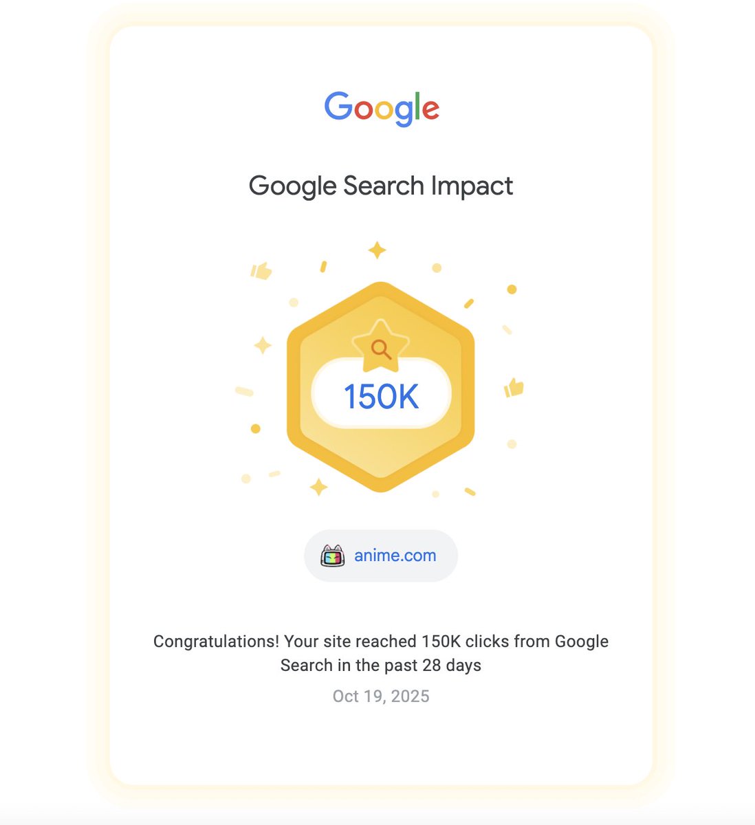 Zagabond's tweet image. Anime.com just hit 150,000 Google Search clicks in the past 28 days.