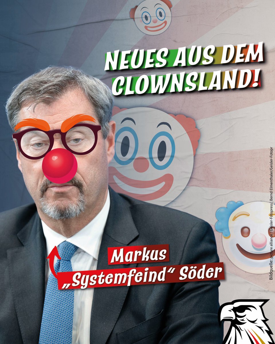 Deu_Kurier's tweet image. Neues aus Clownsland: Markus „Systemfeind“ Söder, der @AfD-Neurotiker
Da kann man noch so lange suchen: Einen schmierigeren, skrupelloseren und verlogeneren Opportunisten als Markus Söder wird man derzeit nicht mal in der CSU ein zweites Mal finden.
Nach dem kläglichen…
