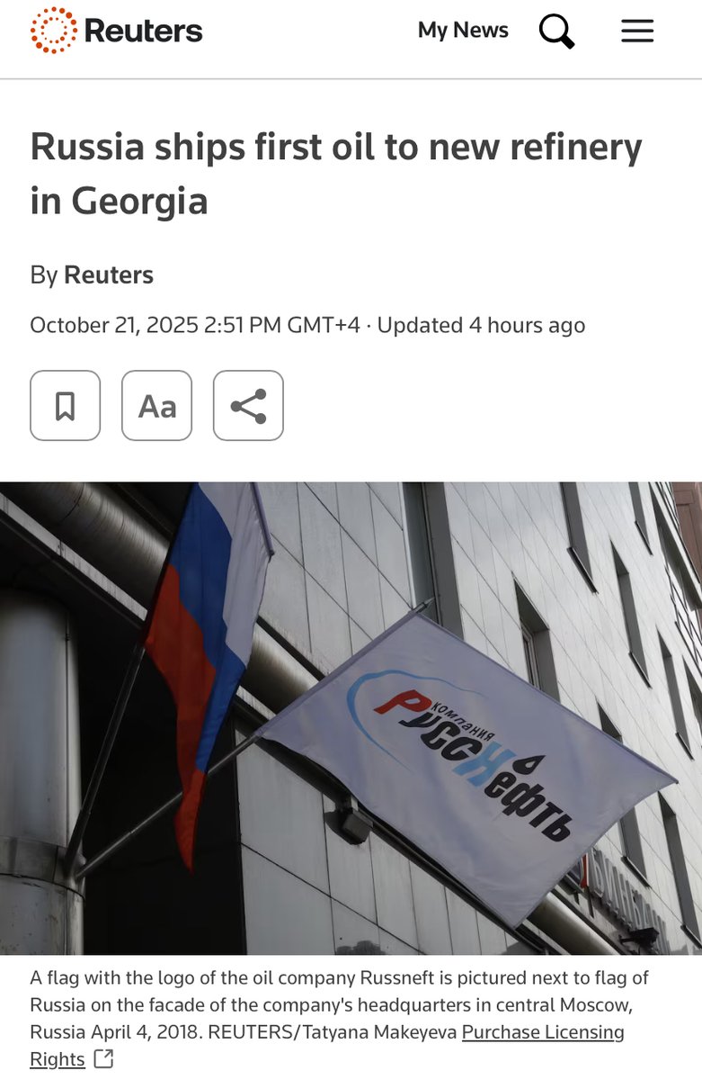 BREAKING: Russia is now officially using oil refinery in Georgia to feed its war machine. This is a stark reminder that the Georgian Dream's definitive demolition of democratic order is inseparable from geopolitics and must be viewed in that prism. Helping the Georgian people,