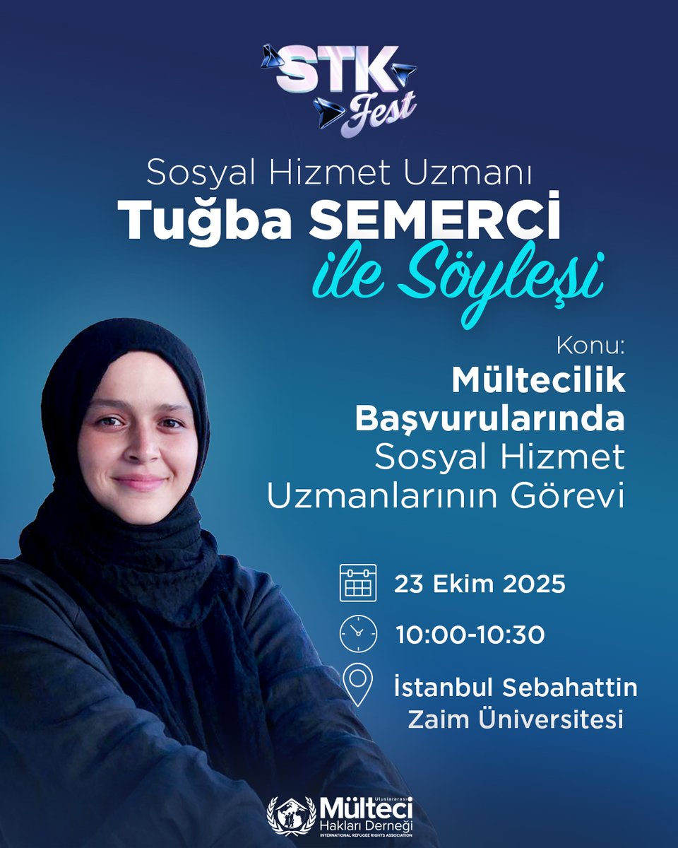 📍 STK Fest’te Gençlerle Buluşuyoruz!

Derneğimiz Hukuk Kurulu Üyesi Sosyal Hizmet Uzmanı Tuğba Semerci,
“Mültecilik Başvurularında Sosyal Hizmet Uzmanlarının Görevi” konulu söyleşiyle sahnede olacak.

🗓 23 Ekim 2025
⏰ 10:00 – 10:30
📌 İstanbul Sabahattin Zaim Üniversitesi