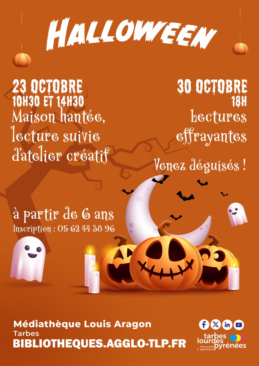 𝗛𝗮𝗹𝗹𝗼𝘄𝗲𝗲𝗻 𝗮𝘂𝘅 𝗯𝗶𝗯𝗹𝗶𝗼𝘀
Ce mercredi 23 octobre, la médiathèque de Lourdes et la médiathèque Louis Aragon de Tarbes vous proposent des ateliers créatifs ainsi que des lectures sur le thème d'Halloween!
Rdv sur l'agenda des biblios : bit.ly/43pTozx