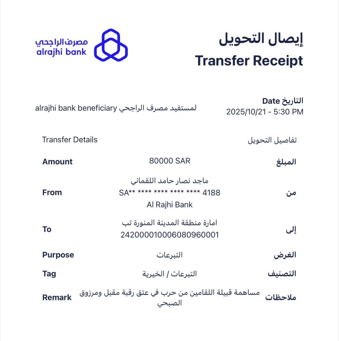 مساهمة قبيلة اللقامين من عوف من حرب 
في #عتق_رقبتي_مقبل_ومرزوق_الصبحي
قدمها الشيخ ماجد بن نصار اللقماني 
مبلغ وقدره ( 80000) ثمانون  ألف ريال.
جزاهم الله خير الجزاء .