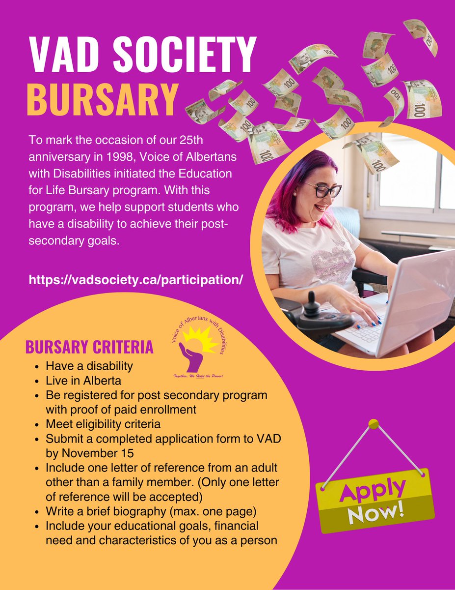 Visit VAD's website to find out mor about our Education for Life Bursaries. vadsociety.ca/participation/