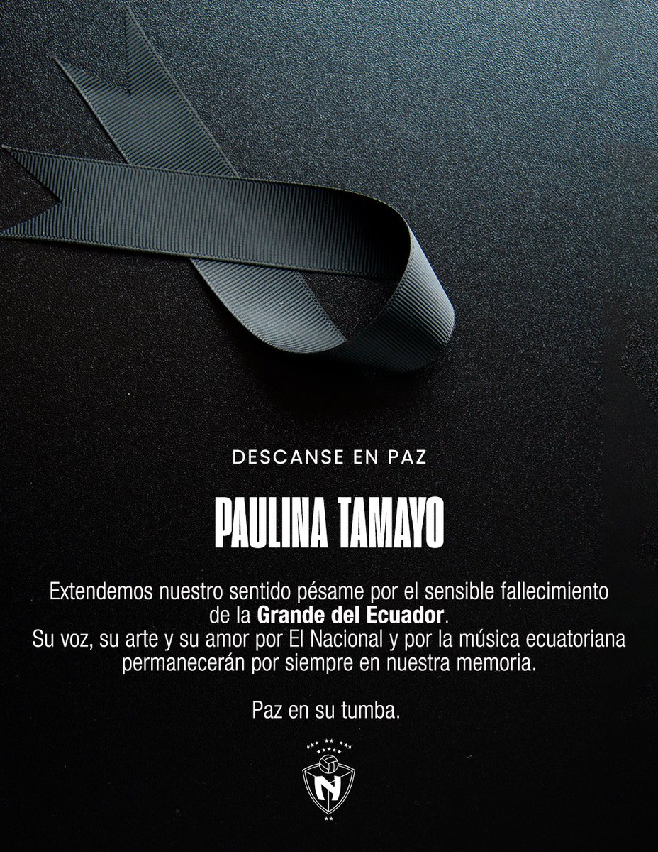 Con profunda tristeza el Club Deportivo El Nacional expresa su sentido pésame por el fallecimiento de la querida cantante Sra. Paulina Tamayo. Su voz, su arte y su amor por la música nacional dejan un legado imborrable.

Paulina fue, además, hincha de nuestro club y compuso una