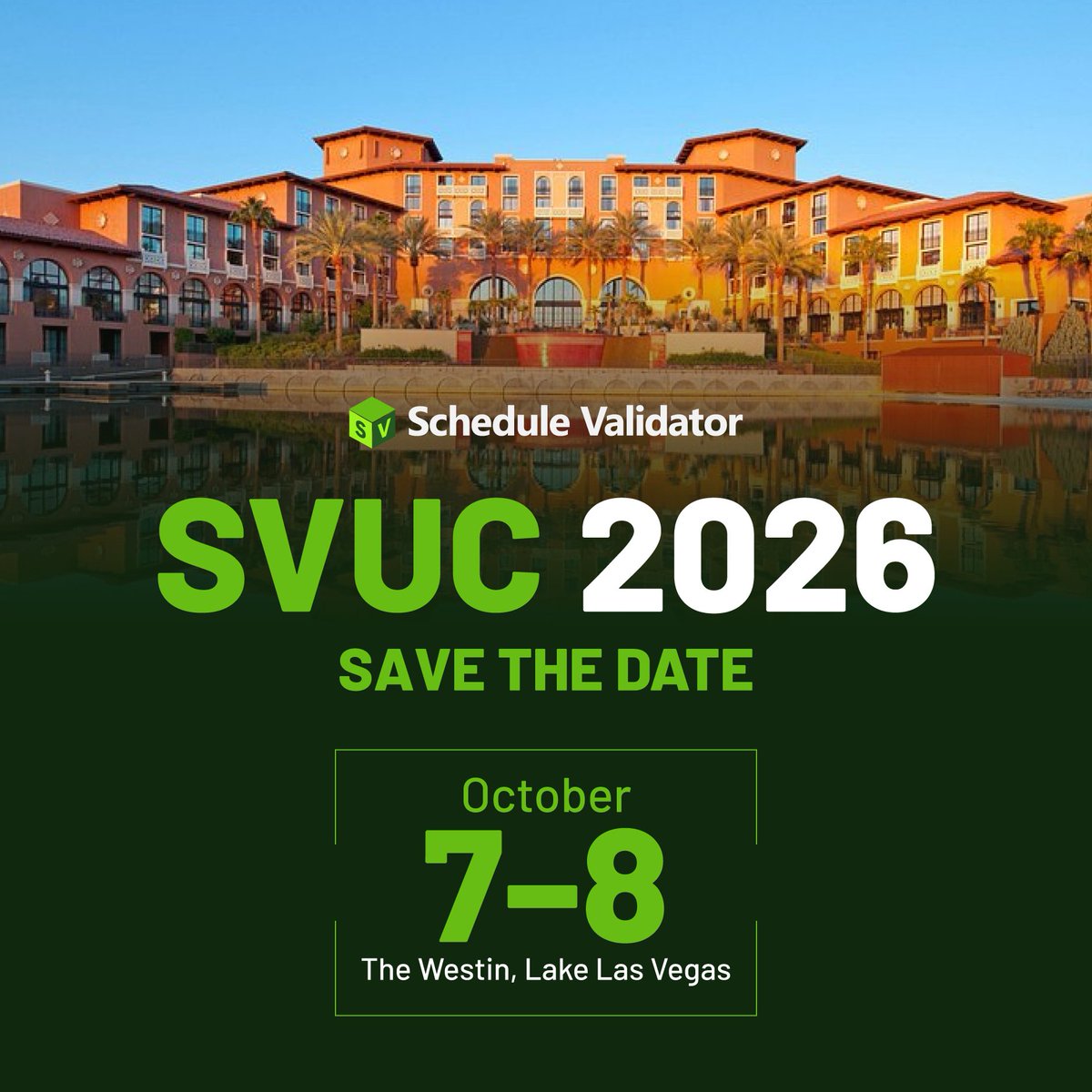 SchedValidate's tweet image. SVUC 2026 is on October 7-8 at The Westin, Lake Las Vegas! Join us for project scheduling excellence! #SVUC2026 #ConstructionTech schedulevalidator.com
#SVUC2026 #ScheduleValidator #ProjectControls #ConstructionScheduling #ConstructionTech #PrimaveraP6 #AstaPowerproject