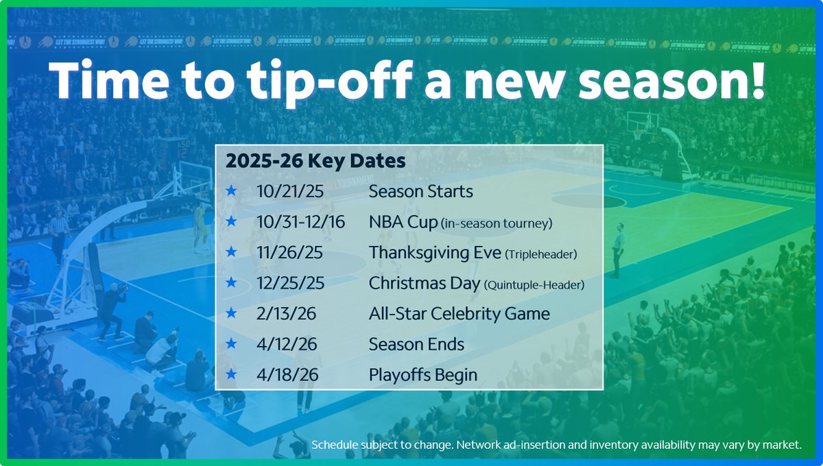 🏀 The #NBA is back! 30 teams tip off their quest for the championship this week—packed with steals, buzzer beaters, and rivalries that electrify fans. Power your brand with the energy of the season.