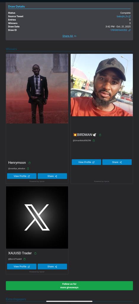 Abdulkadir (@babujin_fx) on Twitter photo Congrats winners
<a href="/osadiya_abiodun/">Henrymoon</a>
<a href="/UmarAbdull56296/">💥BIRDMAN🕊️</a> 
<a href="/Born2TradeX/">XAUUSD Trader</a>
Draw id: 1761061343352. I will DM you. Congrats winners
<a href="/osadiya_abiodun/">Henrymoon</a>
<a href="/UmarAbdull56296/">💥BIRDMAN🕊️</a> 
<a href="/Born2TradeX/">XAUUSD Trader</a>
Draw id: 1761061343352. I will DM you.
