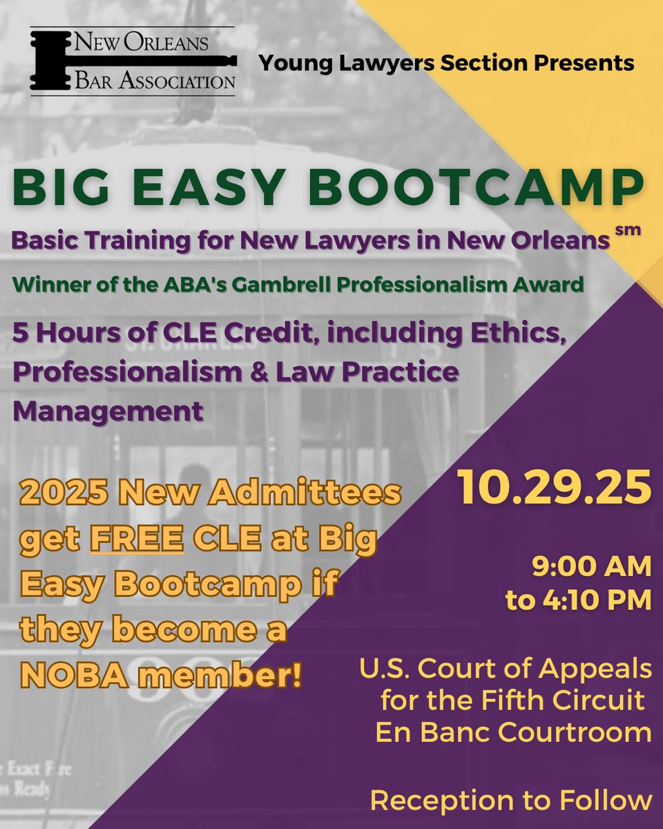 Congratulations to the newly admitted members of the Bar! NOBA is here to help you learn all about practicing in New Orleans with Big Easy Bootcamp (sm) on October 29, 2025. Newly admitted lawyers will earn 5 hours of CLE for FREE when you join NOBA. bit.ly/4nl7QlA