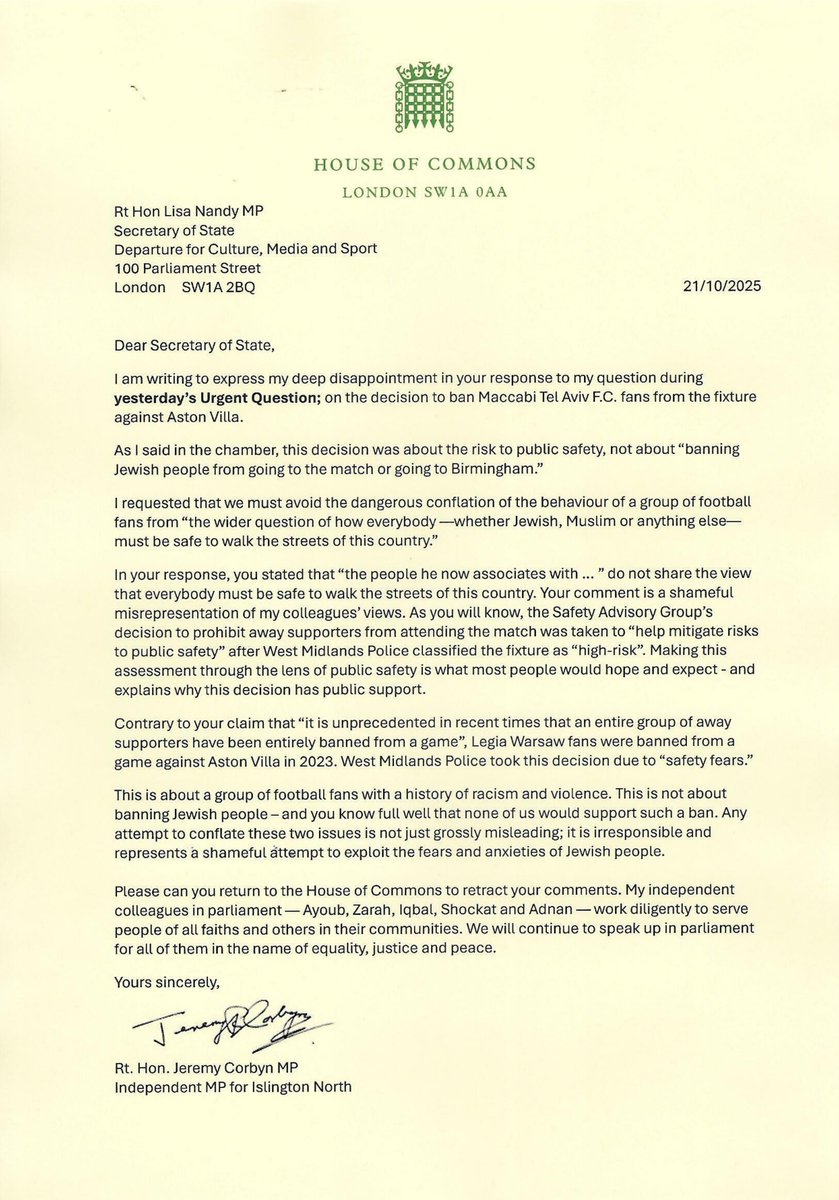 I have written to Lisa Nandy, following her grossly misleading comments over the Maccabi Tel Aviv ban.

This is about a group of fans with a history of racism and violence. It is not about banning Jewish people - and any attempt to conflate the two is shameful.
