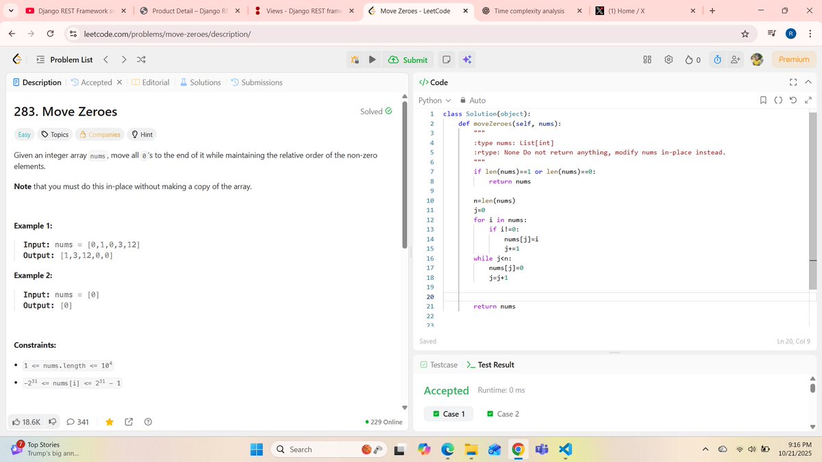 Ritika7290's tweet image. 📺 Two-in-one today:
1️⃣ A deep dive into Django REST framework (see video)
2️⃣ Tackled the “Move Zeroes” in-place array problem in Python (O(n) time, O(1) space)
Watch here → youtu.be/6AEvlNgRPNc
#100DaysOfCode #DjangoREST #Algo