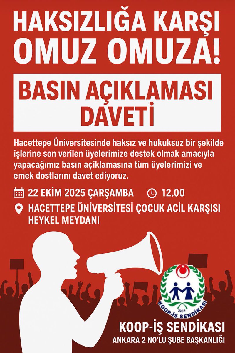 #HacettepeİşçisiYalnızDeğil

Yetkili olduğumuz Hacettepe Üniversitesi’nde 13 arkadaşımızın haksız ve hukuksuz bir şekilde işten çıkartılmasını protesto ediyoruz.

<a href="/Hacettepe1967/">Hacettepe Üniversitesi</a>
 <a href="/CahitGuran/">Prof. Dr. Mehmet Cahit Güran</a> 
 <a href="/csgbakanligi/">T.C. Çalışma ve Sosyal Güvenlik Bakanlığı</a> 
<a href="/YuksekogretimK/">Yükseköğretim Kurulu (YÖK)</a>