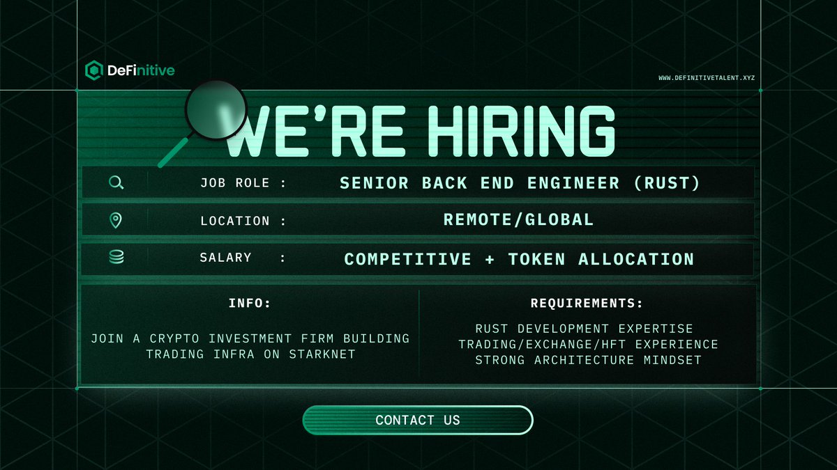 definitiveWeb3's tweet image. Hiring: Senior Back End Engineer (Rust)
Build trading infra on Starknet for a crypto investment firm.
✅ Rust + HFT/Exchange/MM systems
✅ Full ownership, observability, no red tape
💰 Token + long-term equity
Full JD:
lnkd.in/ewbwDbJ5
Want to apply? DM @alexryderweb3…