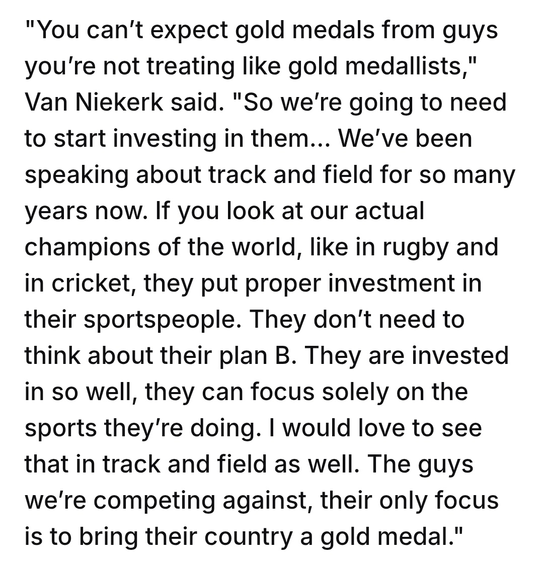 This is what Wayde said upon arrival from Tokyo last month. If <a href="/AthleticsSA_/">Athletics South Africa</a> doesn't get their house in order we might start losing more athletes like Kenya and Jamaica. Ireland, Turkey, UAE, Bahrain et al are actively recruiting.