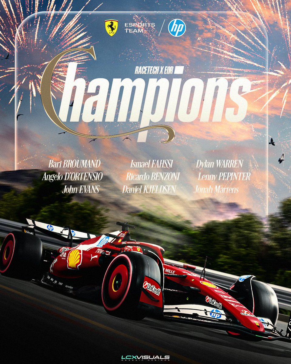 Champions <a href="/FerrariEsports/">Ferrari Esports</a> 🏆

Congratulations to <a href="/FerrariEsports/">Ferrari Esports</a> for securing the Racetech x EOR Championship winning 1000€👏

▪️<a href="/BariBroumand/">Bari Broumand</a> 
▪️<a href="/angelodortensio/">Angelo D’Ortensio</a> 
▪️<a href="/JohnEvansF1/">John Evans</a> 
▪️<a href="/ismaelfahssi_/">Ismael Fahssi</a> 
▪️<a href="/DanielKjeldsen4/">Daniel Kjeldsen</a> 
▪️<a href="/JonahMartenss/">Jonah Martens</a> 
▪️<a href="/dlwarren_/">Dylan Warren</a> 
▪️<a href="/LennyPnr/">Lenny Pépinter</a> 
▪️<a href="/riccardobnz/">Riccardo Benzoni</a>